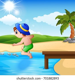 Vector illustration of Jumping boy in seashore
