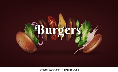 Vector illustration of jumping burger, ads delicious and attractive exploded hamburger with refreshing ingredients: lettuce, onion, patty, tomato, cheese, cucumber, mayonnaise and bun