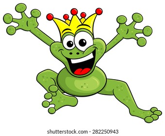 vector illustration of a jumping cartoon frog prince isolated on white