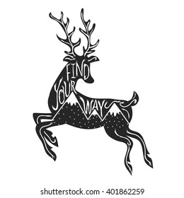Vector illustration with jumping deer silhouette with mountains. Black and white print design with lettering - find your way. Typography inspiration poster, home decoration art