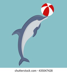 Vector illustration jumping dolphin playing with ball isolated on blue background. Dolphin icon. Beach summer ball. Sea creature