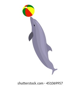 Vector illustration jumping dolphin playing with ball isolated on white background. Dolphin icon. Beach summer ball. Sea circus creature