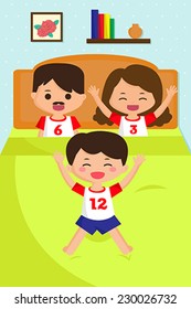 A vector illustration of jumping kid on the bed while his parents watching
