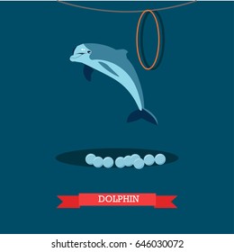 Vector illustration of jumping out of water dolphin. Dolphinarium dolphin show flat style design element.