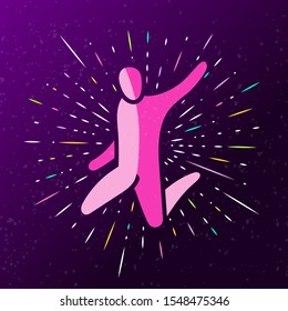 Vector illustration of jumping people, dance leap on dark background with rays. Man woman kid silhouette. Trampoline park concept. Healthy active sport. Bounce party decoration. EPS 10