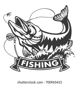 Vector illustration of jumping pike isolated. Vintage fishing emblem.