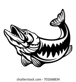 Vector illustration of jumping pike isolated. Vintage fishing emblem.