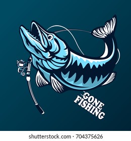 Vector illustration of jumping pike isolated. Vintage fishing emblem.