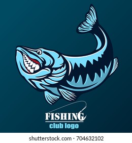 Vector illustration of jumping pike isolated. Vintage fishing emblem.