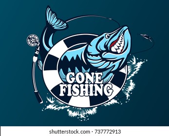Vector illustration of jumping pike isolated. Vintage fishing emblem.
