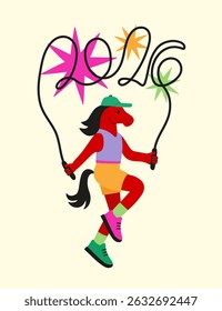 Vector illustration with jumping red horse with a rope. 2026 new year Chinese horoscope greeting card. Trendy print design, active sport fitness lifestyle concept art