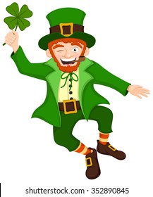 Vector illustration of a jumping, smiling cartoon leprechaun holding a four-leaf clover.