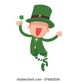 Vector Illustration of a jumping, smiling cartoon leprechaun holding a four-leaf clover for St. Patrick's Day.