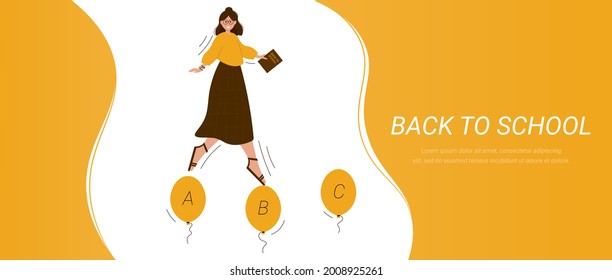 Vector illustration of jumping teacher. Back to school banner. Student. Get ready for school. Minimalistic banner for school. Isolated on white.