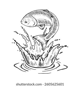 Ilustração vetorial de uma truta saltadora em preto e branco. Este esboço desenhado à mão captura o peixe no meio do salto, saltando para fora da água com movimento dinâmico. Perfeito para projetos de pesca e frutos do mar
