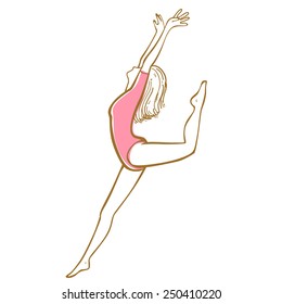 Vector illustration with jumping woman ballerina in sporty pink swimsuit isolated on white background