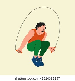 Vector illustration with jumping woman with a rope. Trendy summer print design, active sport fitness lifestyle concept art