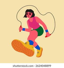 Vector illustration with jumping woman in sunglasses with a rope. Trendy summer print design, active sport fitness lifestyle concept art