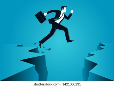 vector illustration of a jumps over the ravine. describe challenge, obstacle, optimism. business concept illustration