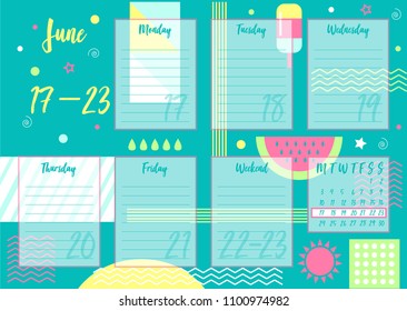 Vector illustration of June 2019 Weekly planner with abstract summer background. For print notebooks, format A5. Cute page for notes. Daily planner 2019 calendar for companies and private use.
