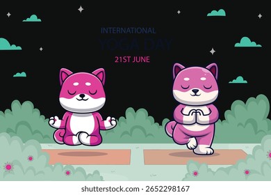 Vector illustration of June 21st international yoga day. Holiday concept. Template for poster, card, calendar, Cute cat in meditation. Vector illustration for coloring book