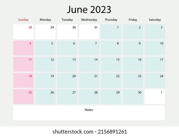 Vector illustration june of calendar year 2023. Sunday starts on Sunday. 2023 yearly calendar template. Calendar design in black and white, Sunday in red. vector