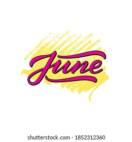 Vector illustration of June lettering for banner, signage, poster, greeting card, shop advertisement, souvenirs, calendar design. Handwritten isolated word on pencil strokes background 
