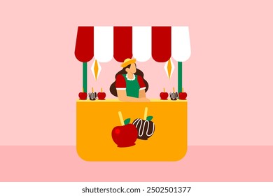 
Vector illustration of a June Party tent with candy apples (known in Brazil as "maçã do amor"): a classic "Festa Junina" scene, with a girl waiting in the tent.