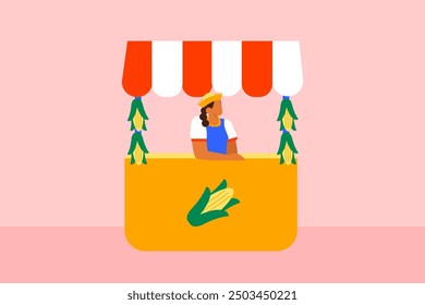 Vector illustration of a June Party tent with sweet corn: a typical Brazilian "Festa Junina" scene, featuring a girl waiting in the tent, surrounded by festive decorations.