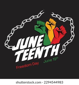 vector illustration of  Juneteenth Freedom Day Background Design with raised colourful hands and broken chain