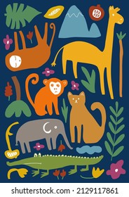 Vector illustration of jungle animals: monkey, giraffe, elephant, alligator, wild cat, sloth, african plants and flowers in children's drawing style on dark blue background 