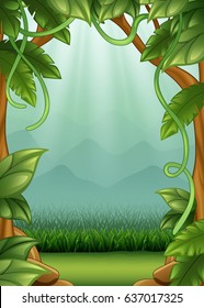 Vector illustration of Jungle background with vines and mountains