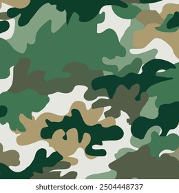 Vector illustration of a jungle camouflage with deep greens, brown, and vibrant mossy tones.