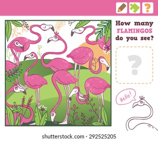 Vector Illustration. Jungle. Education Counting Game for Children. How many flamingos do you see?