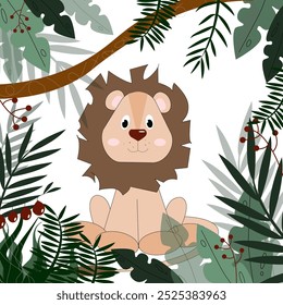 Ilustración vectorial de un marco frondoso verde selva con un león. Lindo animal de la selva con colección floral