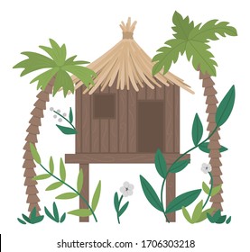Dibujo vectorial de la jungla con palmeras y hojas aisladas en fondo blanco. Bungalow tropical sobre pilotes. Bonita casa exótica en la selva tropical
