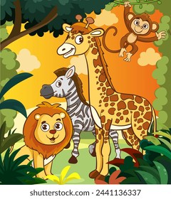 Vector illustration of Jungle landscape with cute african animals. Large set of animals 