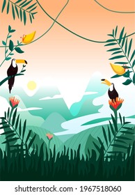 Vector illustration of the jungle. Summer jungle illustration with flowers, vines, hills and toucans. Suitable for cards, posters, banners, invitations, posters, backgrounds, websites.