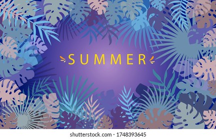 Vector illustration jungle tropical palm and Monstera leaves on a dark background . Tropical design summer card. Summer vector floral background 