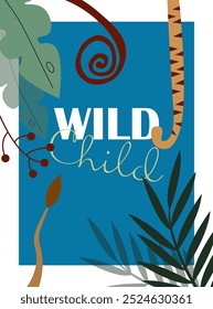 Vector illustration of Jungle tropical rainforest with Tropical leaves, foliage, flowers, plants, tiger, lion, monkey tail. Let's get wild