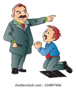 Vector illustration of junior executive begging for work in front of his boss.