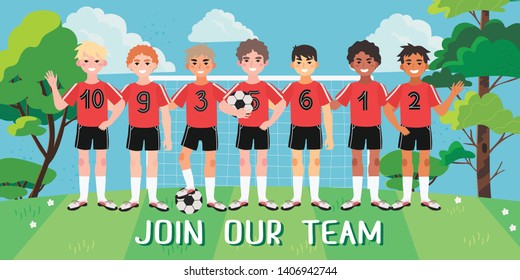 Vector illustration of a junior football or soccer team. Football field picture with children playing football. Creative banner, flyer or landing page for a kids football team, club or championship.