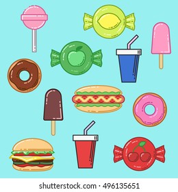 Vector illustration. Junk food icon set. Thin stroke symbols collection. Sweets. Candies. Chocolate ice cream sign. Pink donut. Blue glass. Hot dog. Hamburger. cheeseburger. EPS 8.