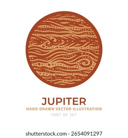 Ilustração vetorial de Júpiter em tons de laranja terra e bege com texturas de tempestade em espiral. Estilo de gravação desenhado à mão para uso cósmico, educacional e artístico. Parte do conjunto.