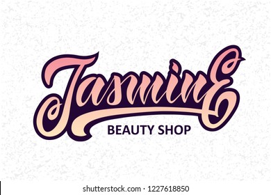 Vector Illustration of Jusmine text for logotype. Flower badge; tag and icon. Natural card / sign board / banner template. Jasmine calligraphy; background; lettering; typography poster. EPS 10
