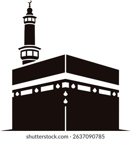 Vector illustration of the kaaba with a minaret in black and white representing islamic faith