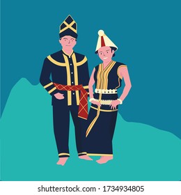 Vector Illustration Of The KAAMATAN (hari Kaamatan)festival: Male And Female  KEDAZAN DUSUN Dance 