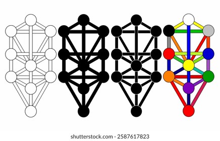 Vector illustration of the Kabbalistic Tree of Life in black, white, and color. Mystical, esoteric, and spiritual design, ideal for logos, posters, and symbolic art.