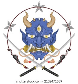 Vector illustration Kabuki mask of hannya, Japanese Oni Demon with katana, Kunai and Shuriken