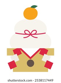 Ilustración vectorial de Kagami mochi. Año Nuevo, tarjeta de Año Nuevo, cinta, naranja mandarina